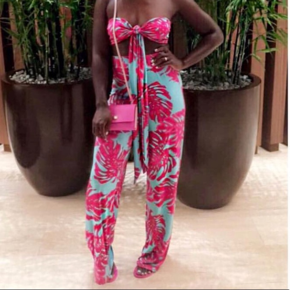 Fashion Nova Crop Pant Set Pink Blue/Mint Medium